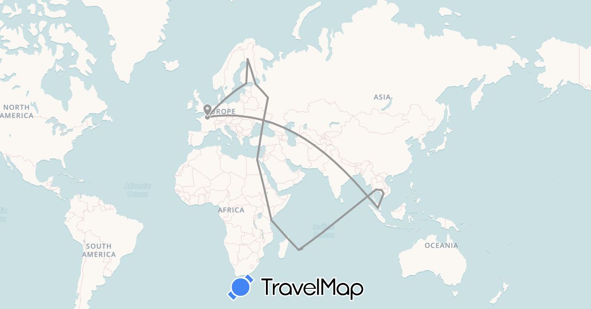 TravelMap itinerary: driving, plane in Egypt, Finland, France, Kenya, Cambodia, Mauritius, Malaysia, Russia, Thailand (Africa, Asia, Europe)